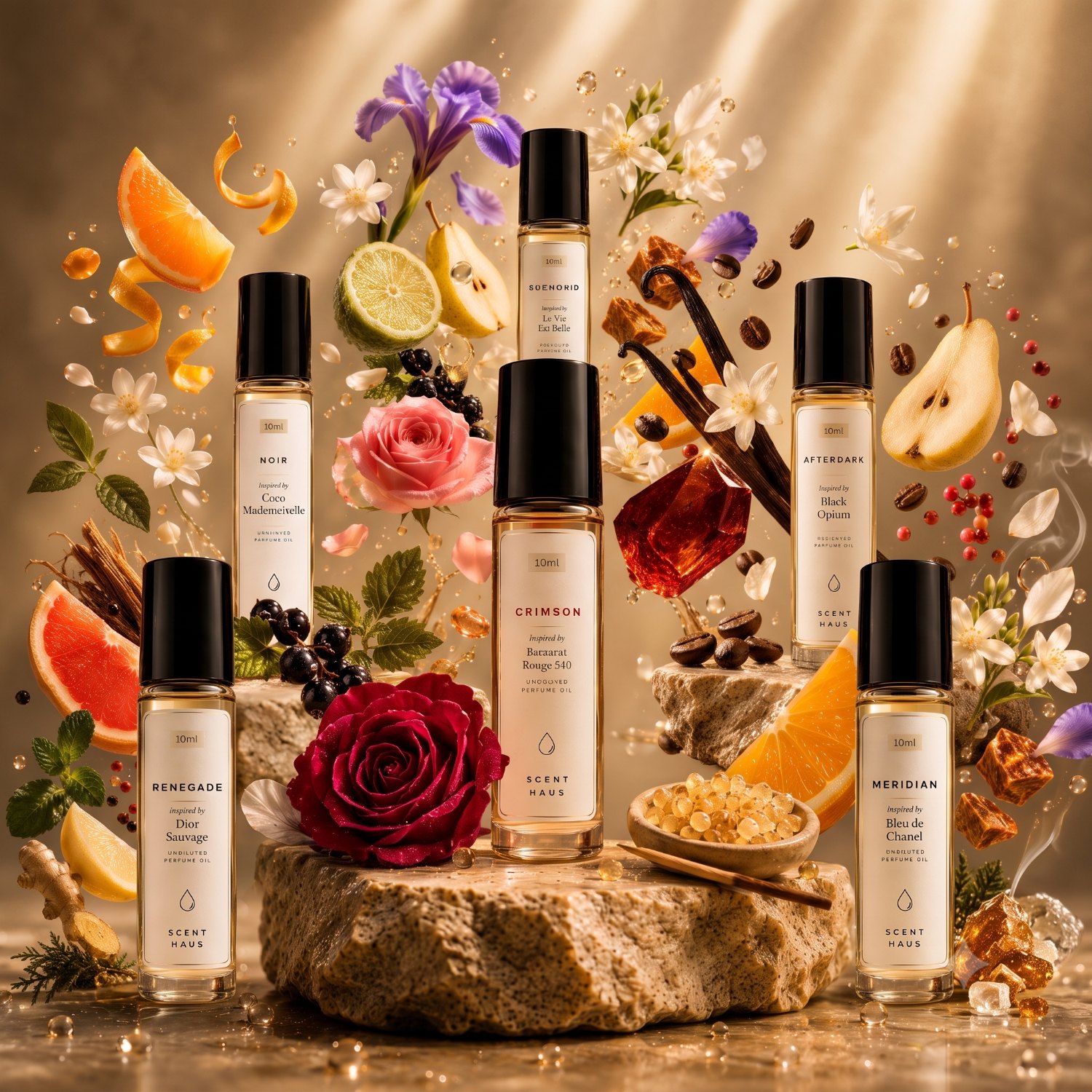 Six Scent Haus 10ml bottles on stone, surrounded by citrus, roses, vanilla, coffee beans and amber resin in warm gold light.