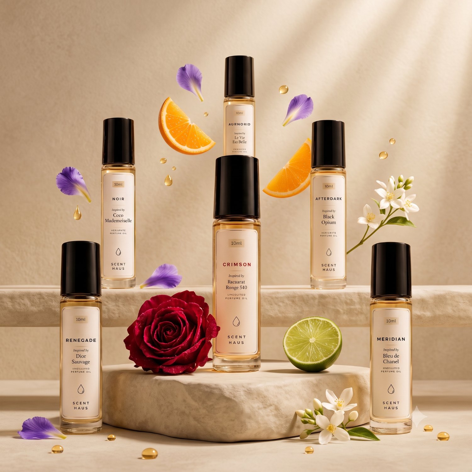 Six Scent Haus 10ml bottles arranged on stone in warm daylight with a red rose, citrus slices and orange blossom.