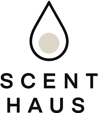Scent Haus logo. An outlined droplet with a tan centre above the words Scent Haus.